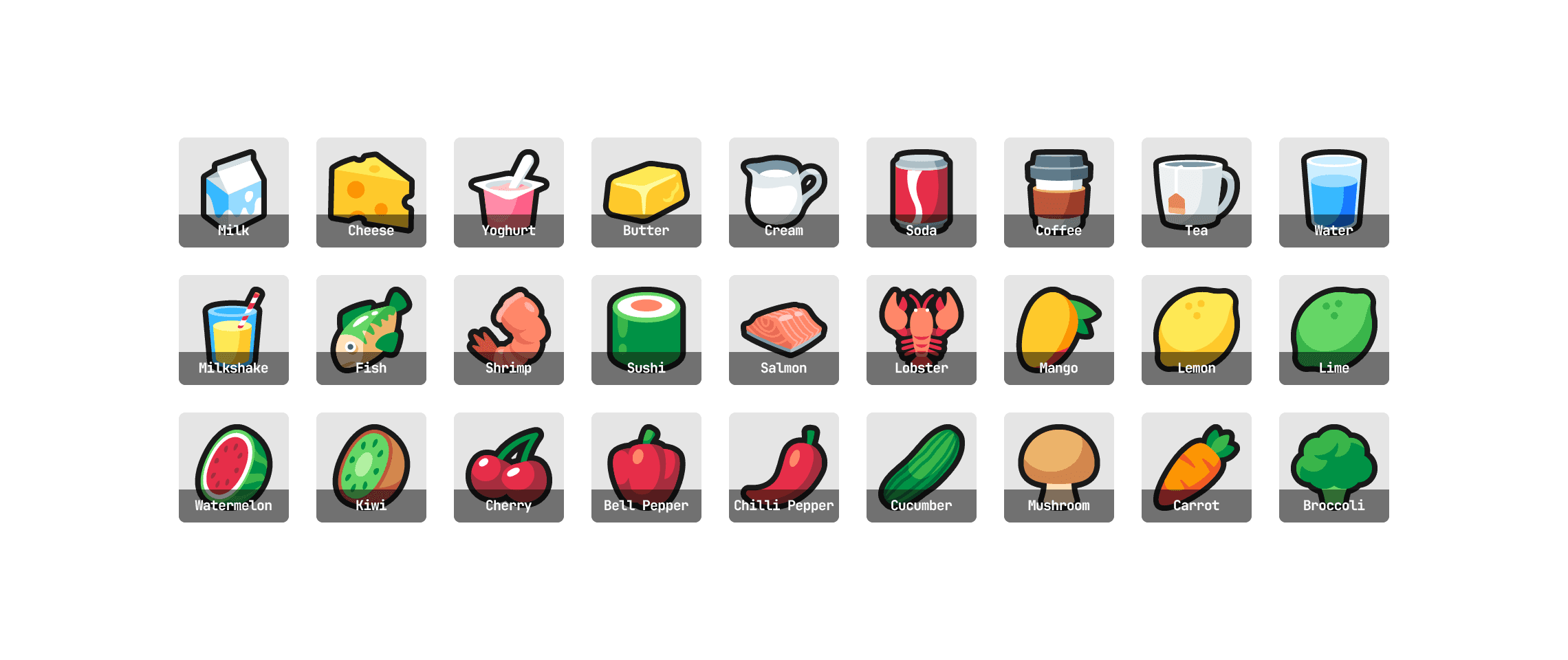 First update for Vector Food Pack, including dairy, seafood and drinks.